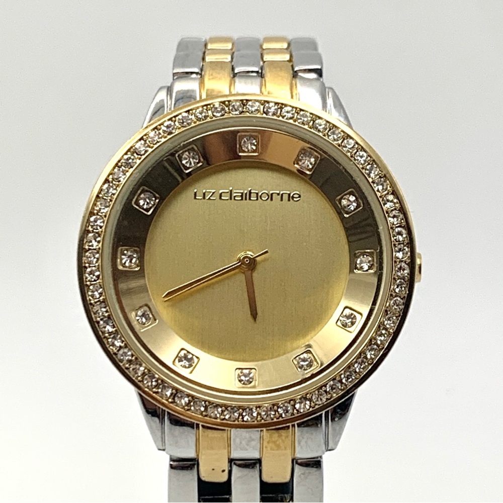 Liz Claiborne Two-Tone Crystal Bezel Watch 6.75" New Battery - Picture 2 of 14